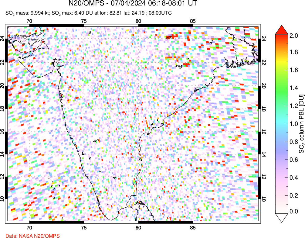 A sulfur dioxide image over India on Jul 04, 2024.