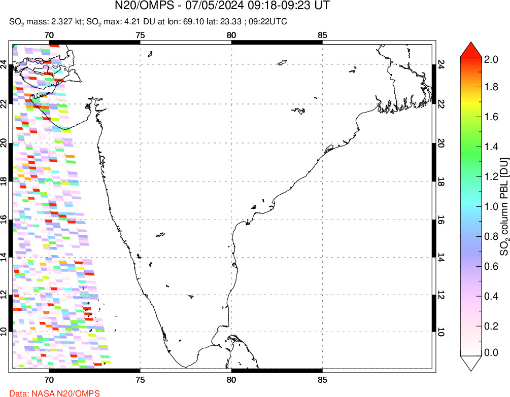 A sulfur dioxide image over India on Jul 05, 2024.