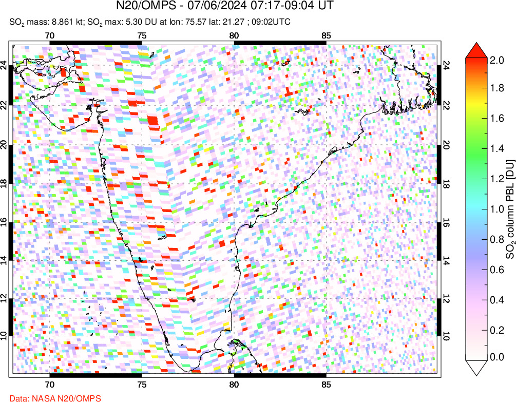 A sulfur dioxide image over India on Jul 06, 2024.