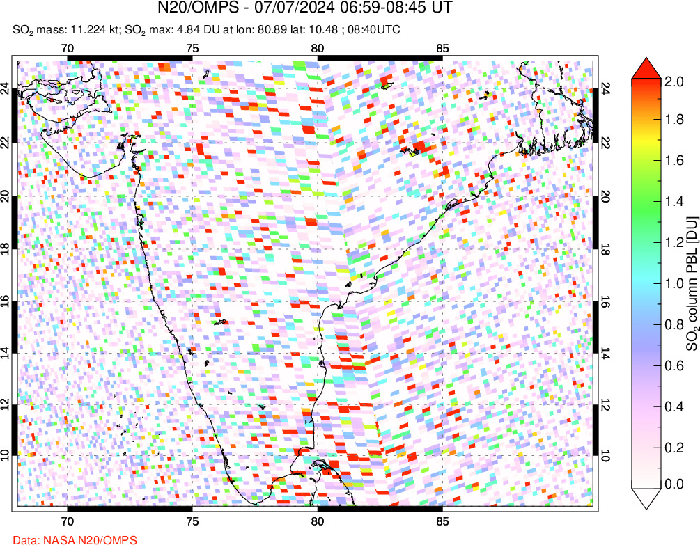 A sulfur dioxide image over India on Jul 07, 2024.