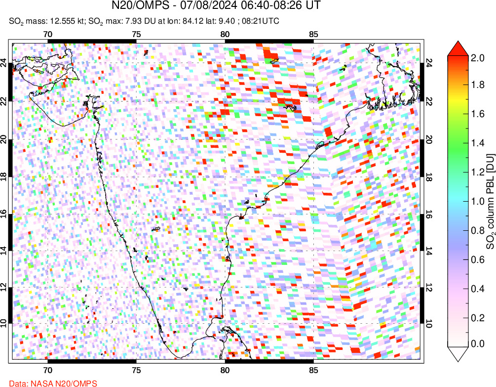 A sulfur dioxide image over India on Jul 08, 2024.