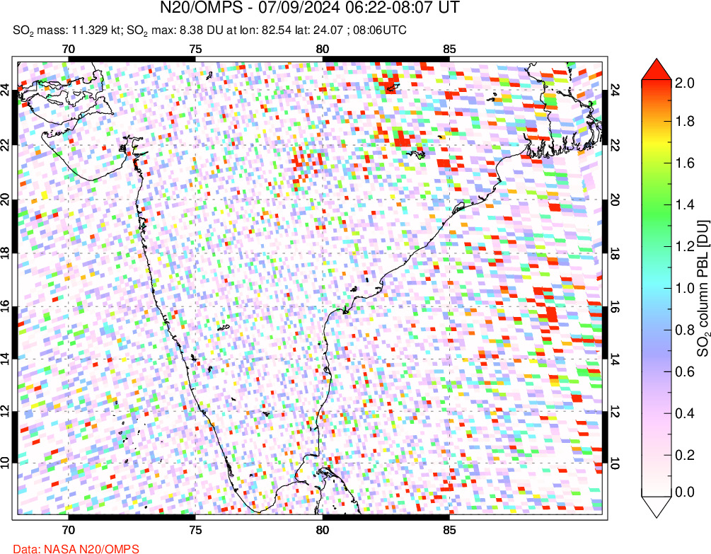 A sulfur dioxide image over India on Jul 09, 2024.