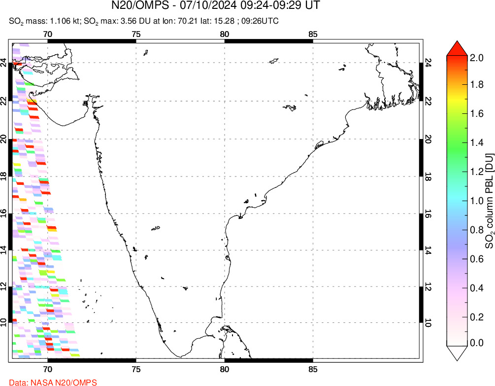 A sulfur dioxide image over India on Jul 10, 2024.