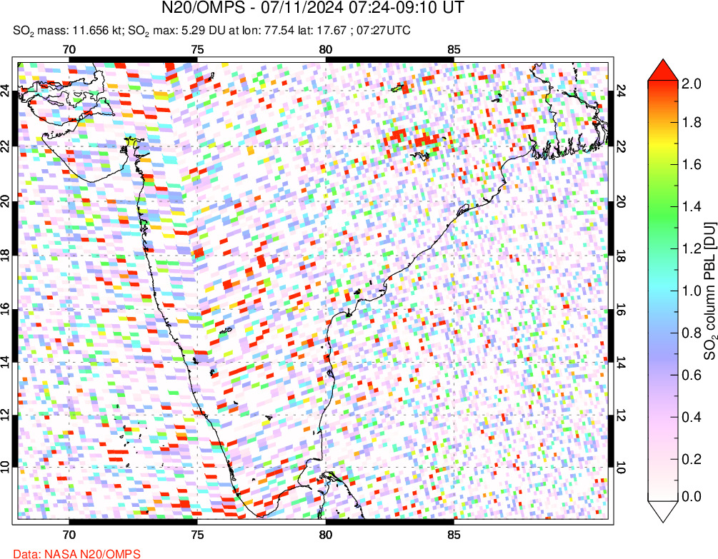 A sulfur dioxide image over India on Jul 11, 2024.