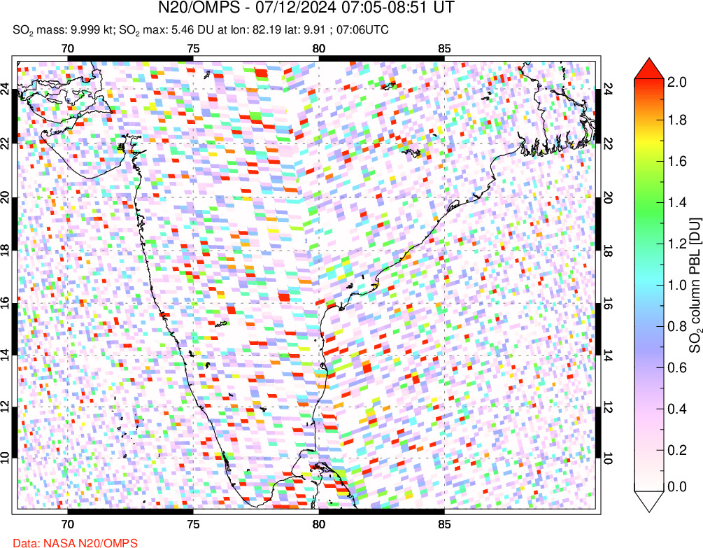 A sulfur dioxide image over India on Jul 12, 2024.