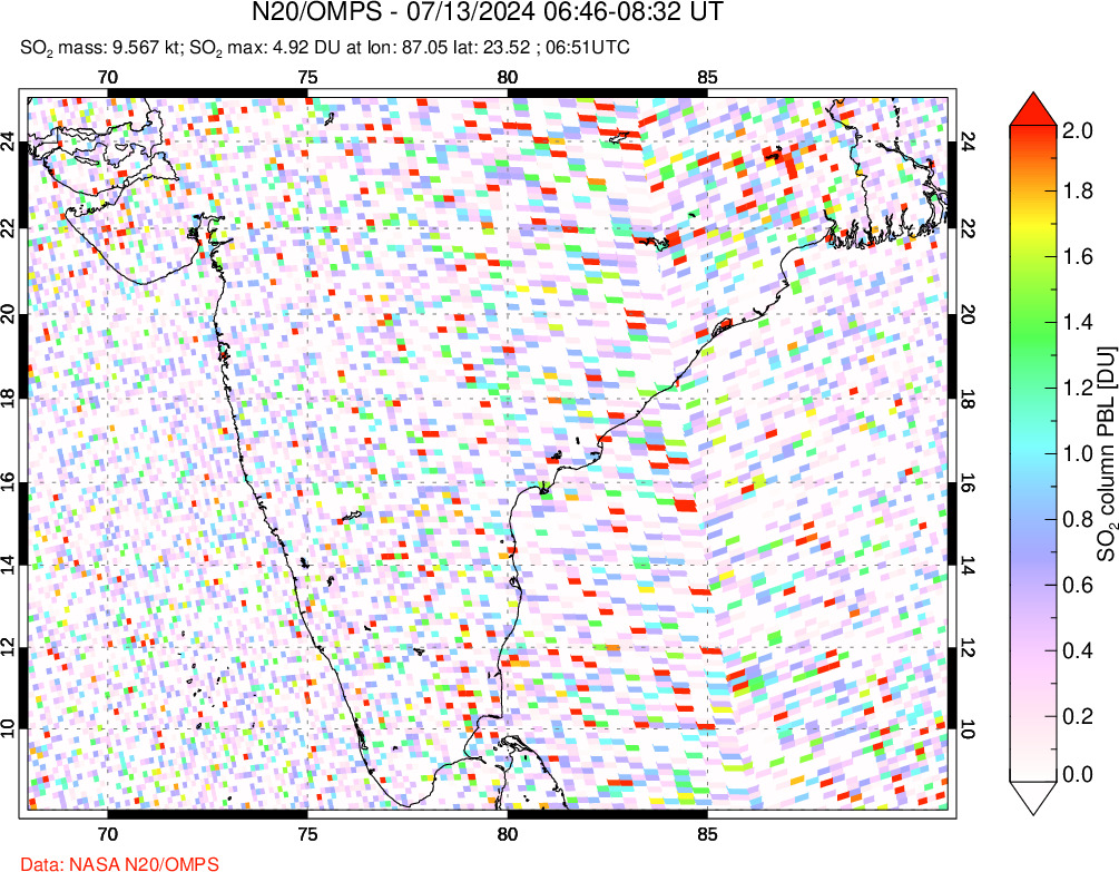 A sulfur dioxide image over India on Jul 13, 2024.