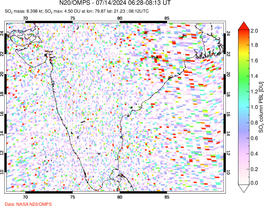 A sulfur dioxide image over India on Jul 14, 2024.