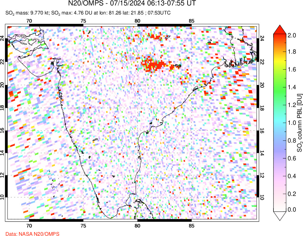 A sulfur dioxide image over India on Jul 15, 2024.