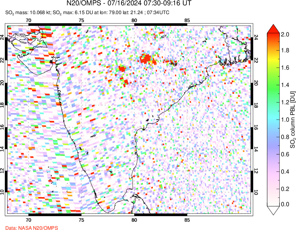 A sulfur dioxide image over India on Jul 16, 2024.