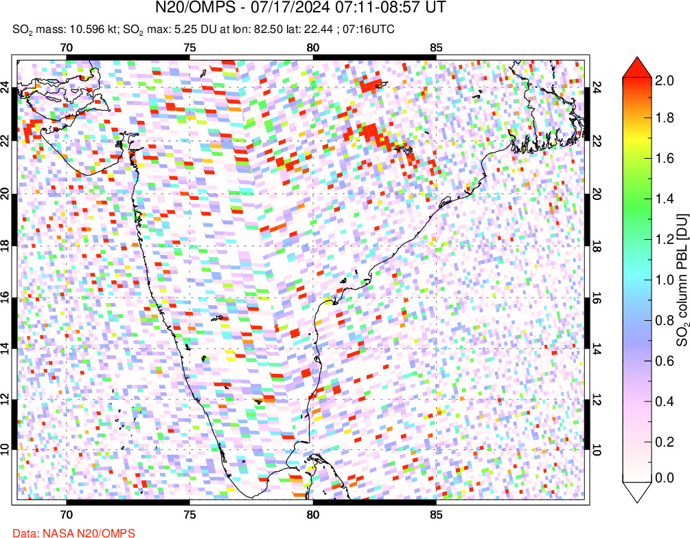 A sulfur dioxide image over India on Jul 17, 2024.