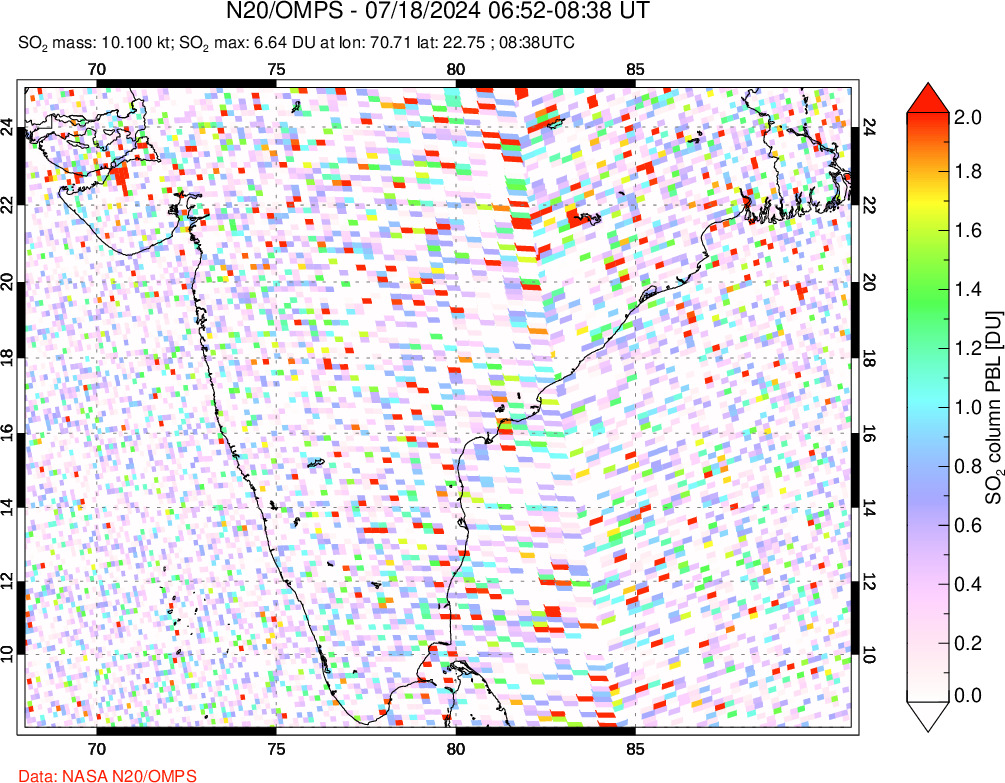 A sulfur dioxide image over India on Jul 18, 2024.