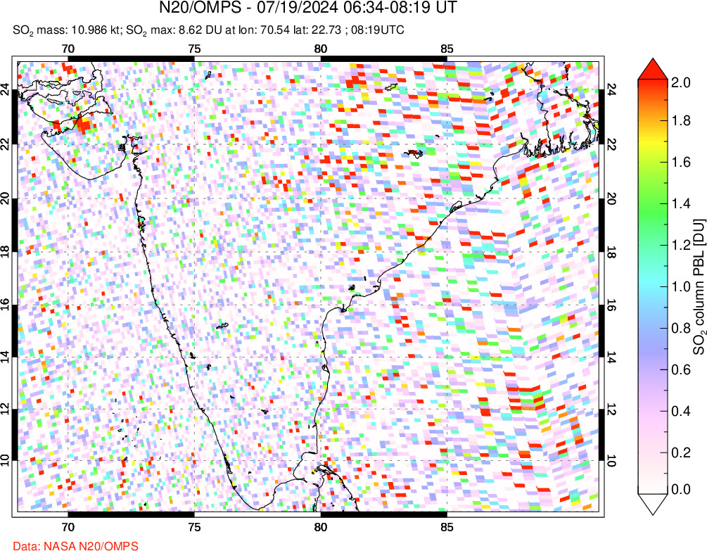 A sulfur dioxide image over India on Jul 19, 2024.