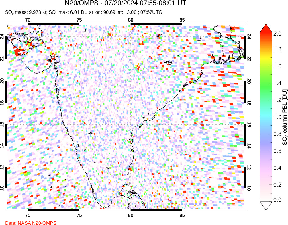 A sulfur dioxide image over India on Jul 20, 2024.