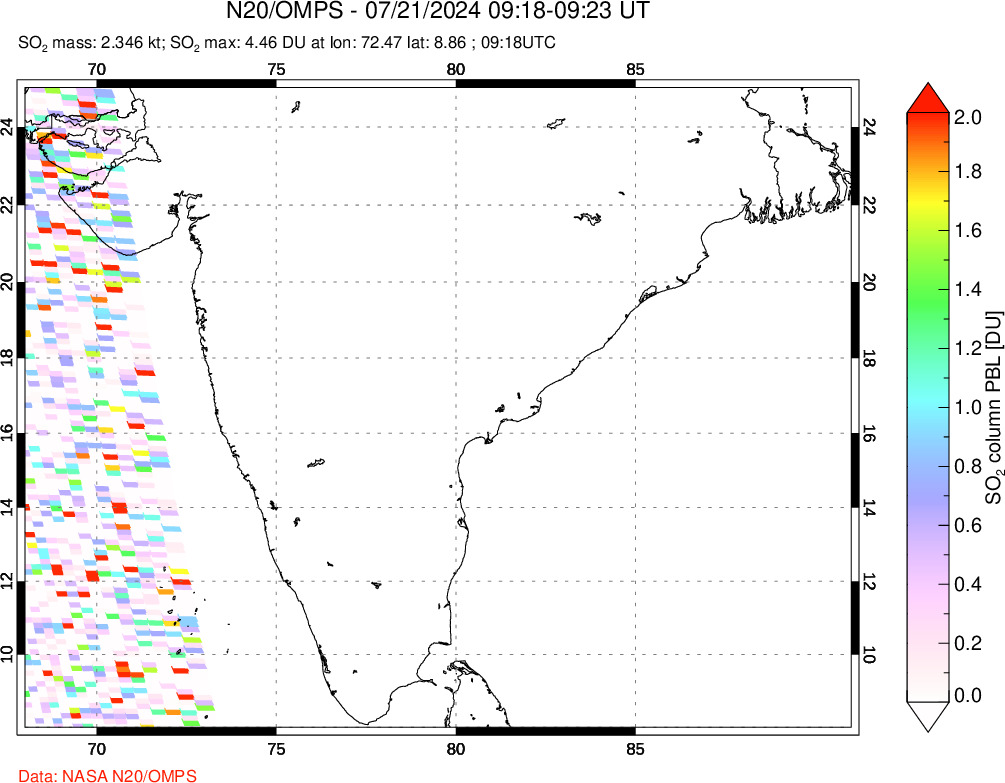 A sulfur dioxide image over India on Jul 21, 2024.