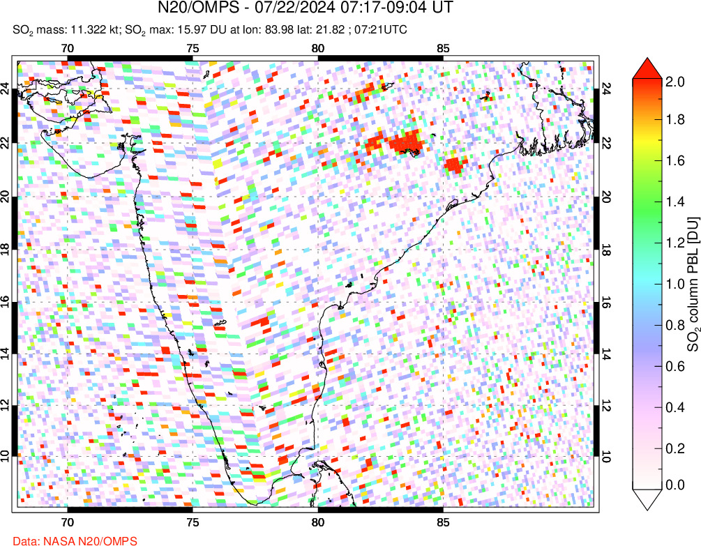 A sulfur dioxide image over India on Jul 22, 2024.