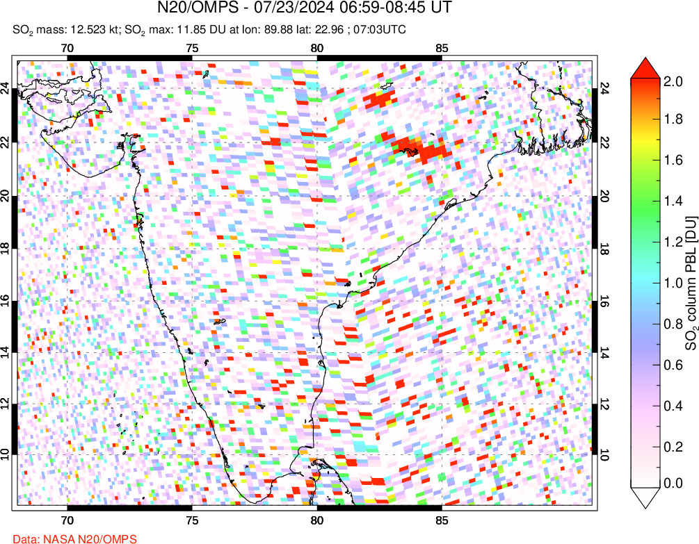 A sulfur dioxide image over India on Jul 23, 2024.