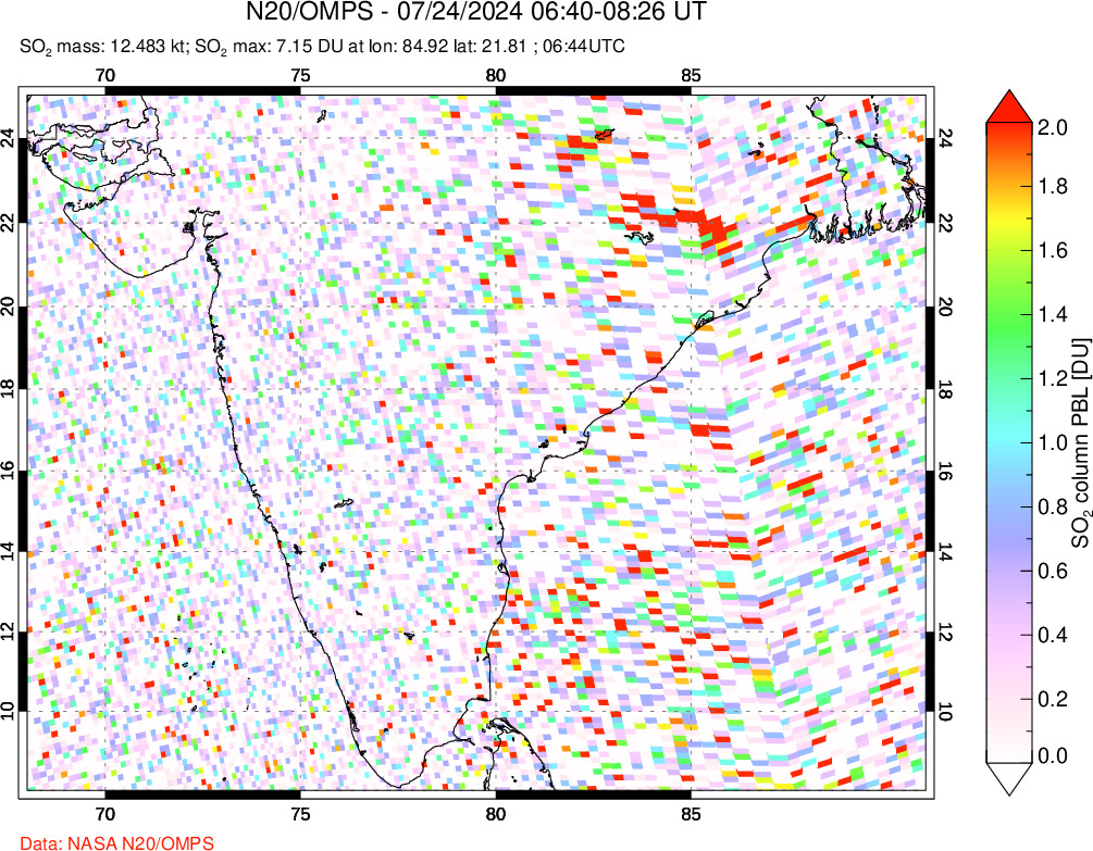 A sulfur dioxide image over India on Jul 24, 2024.