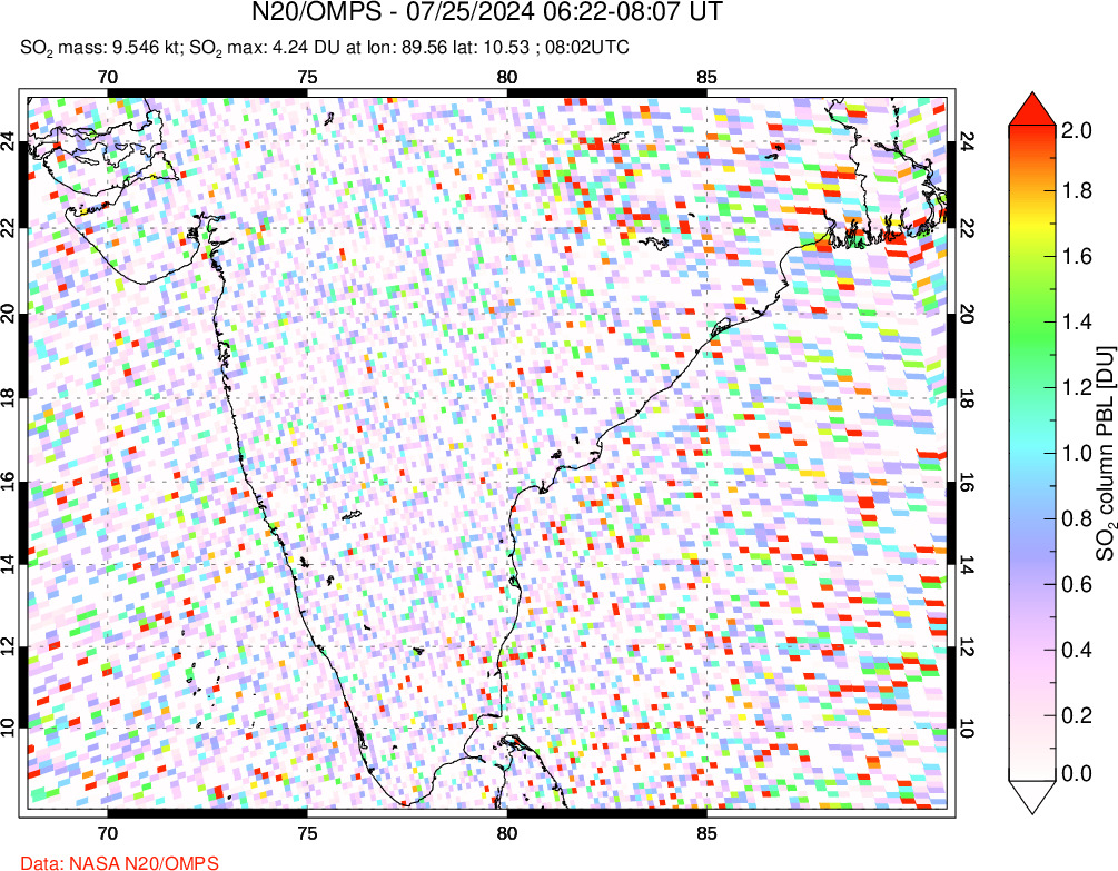 A sulfur dioxide image over India on Jul 25, 2024.