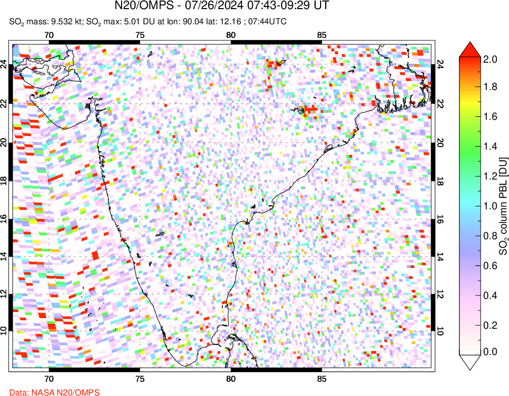 A sulfur dioxide image over India on Jul 26, 2024.