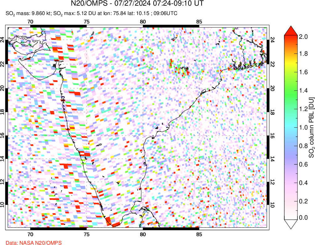 A sulfur dioxide image over India on Jul 27, 2024.