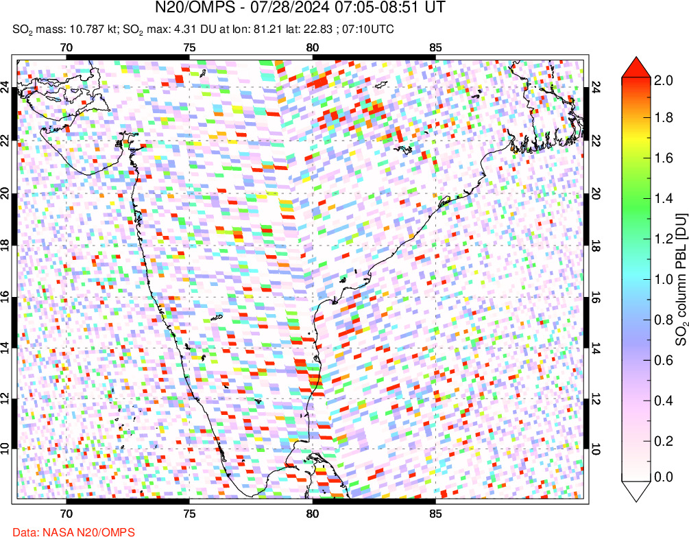 A sulfur dioxide image over India on Jul 28, 2024.