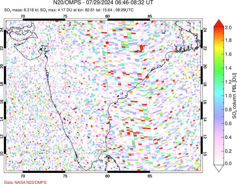 A sulfur dioxide image over India on Jul 29, 2024.