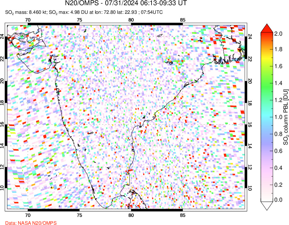 A sulfur dioxide image over India on Jul 31, 2024.