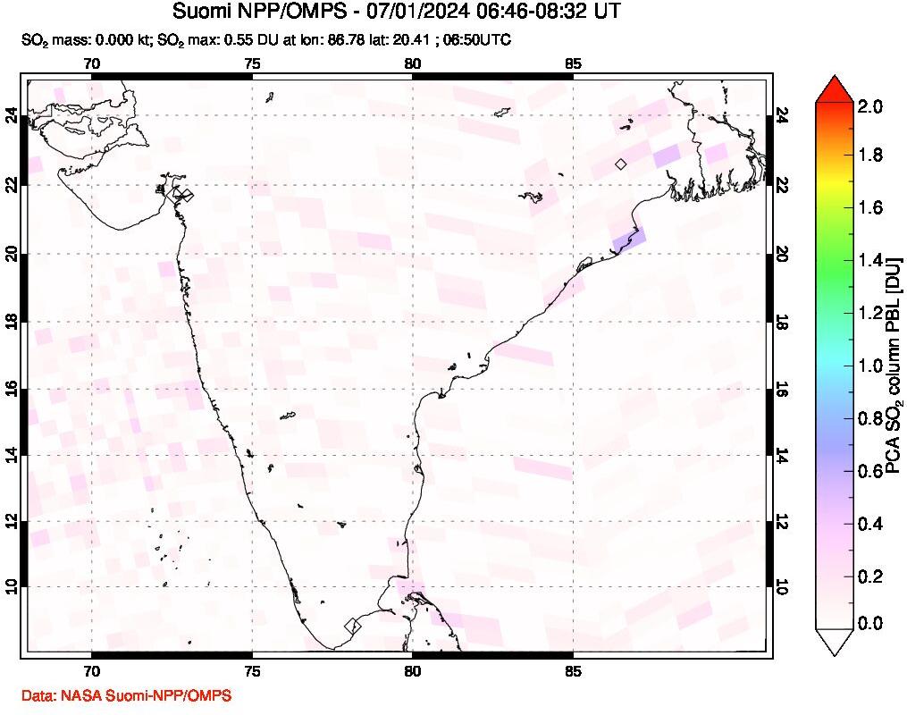 A sulfur dioxide image over India on Jul 01, 2024.