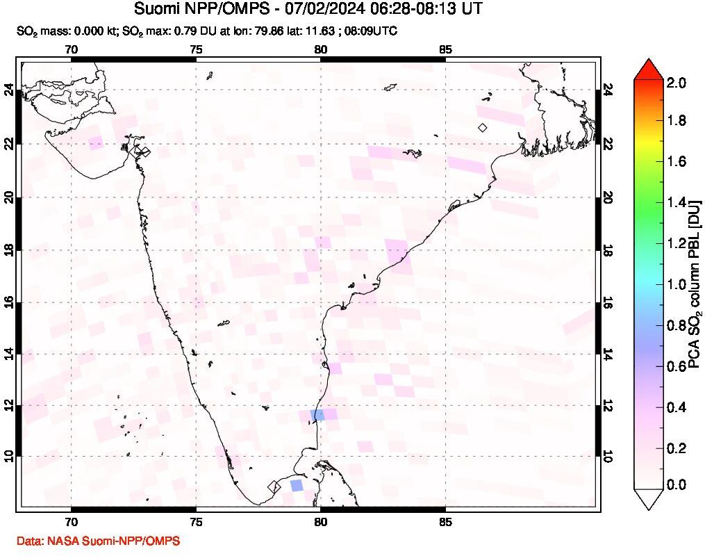 A sulfur dioxide image over India on Jul 02, 2024.