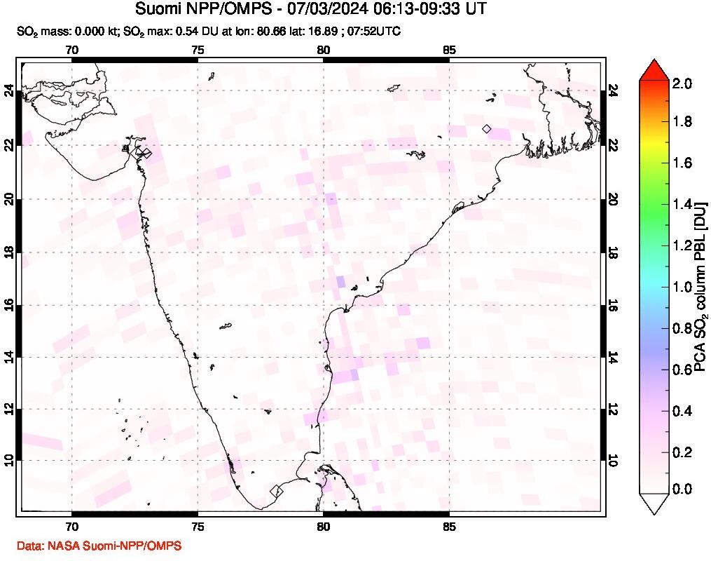 A sulfur dioxide image over India on Jul 03, 2024.