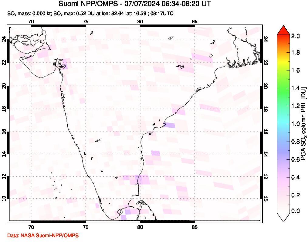 A sulfur dioxide image over India on Jul 07, 2024.