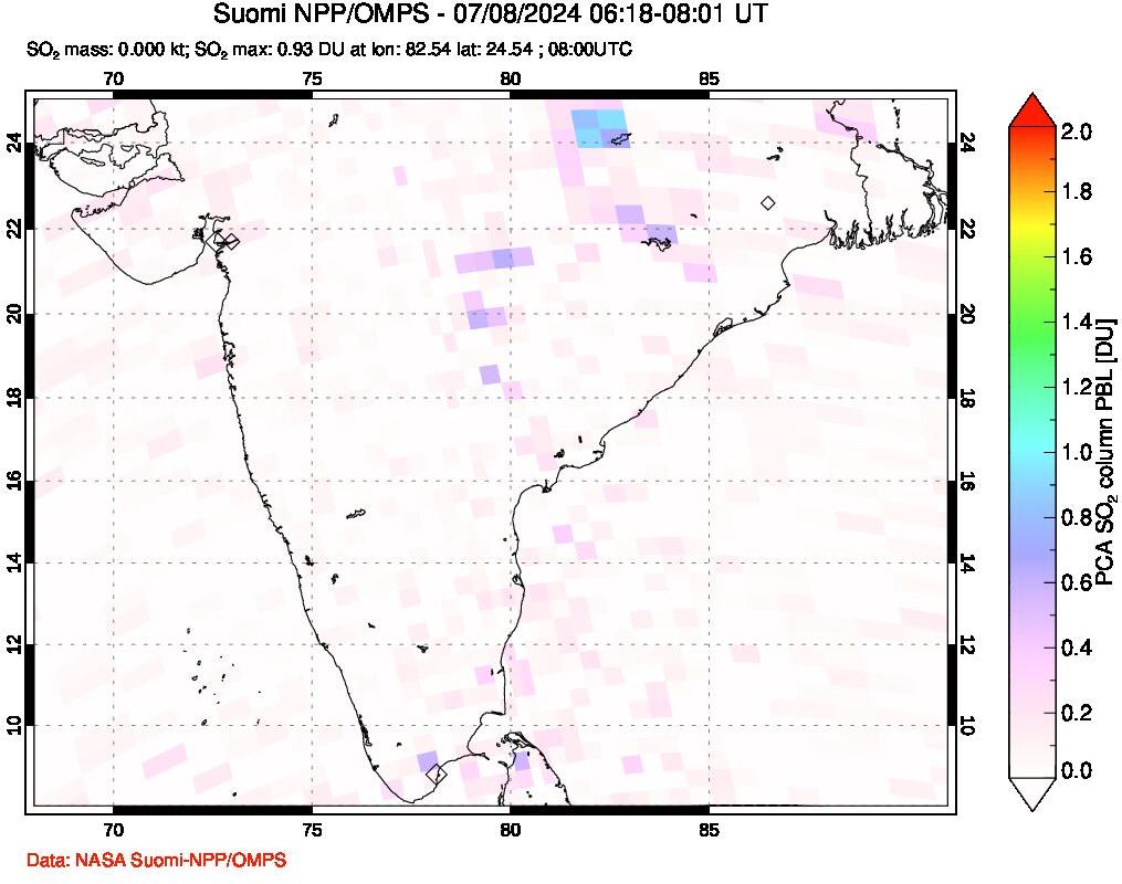 A sulfur dioxide image over India on Jul 08, 2024.