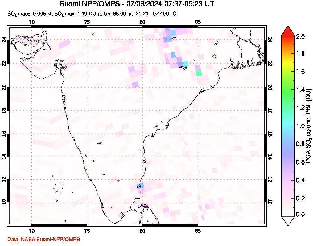 A sulfur dioxide image over India on Jul 09, 2024.