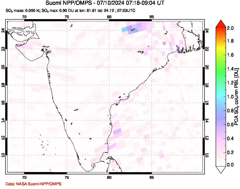 A sulfur dioxide image over India on Jul 10, 2024.