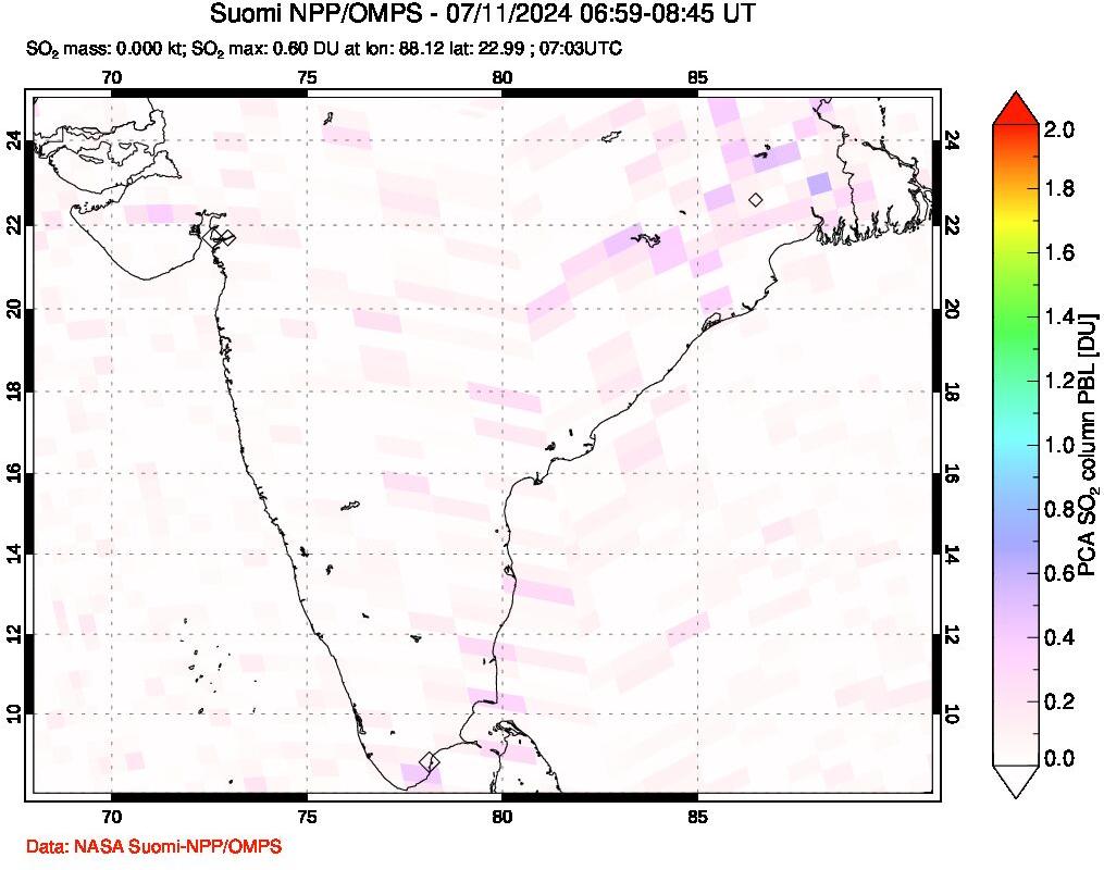 A sulfur dioxide image over India on Jul 11, 2024.