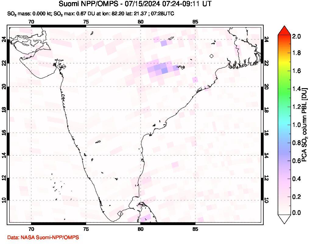 A sulfur dioxide image over India on Jul 15, 2024.