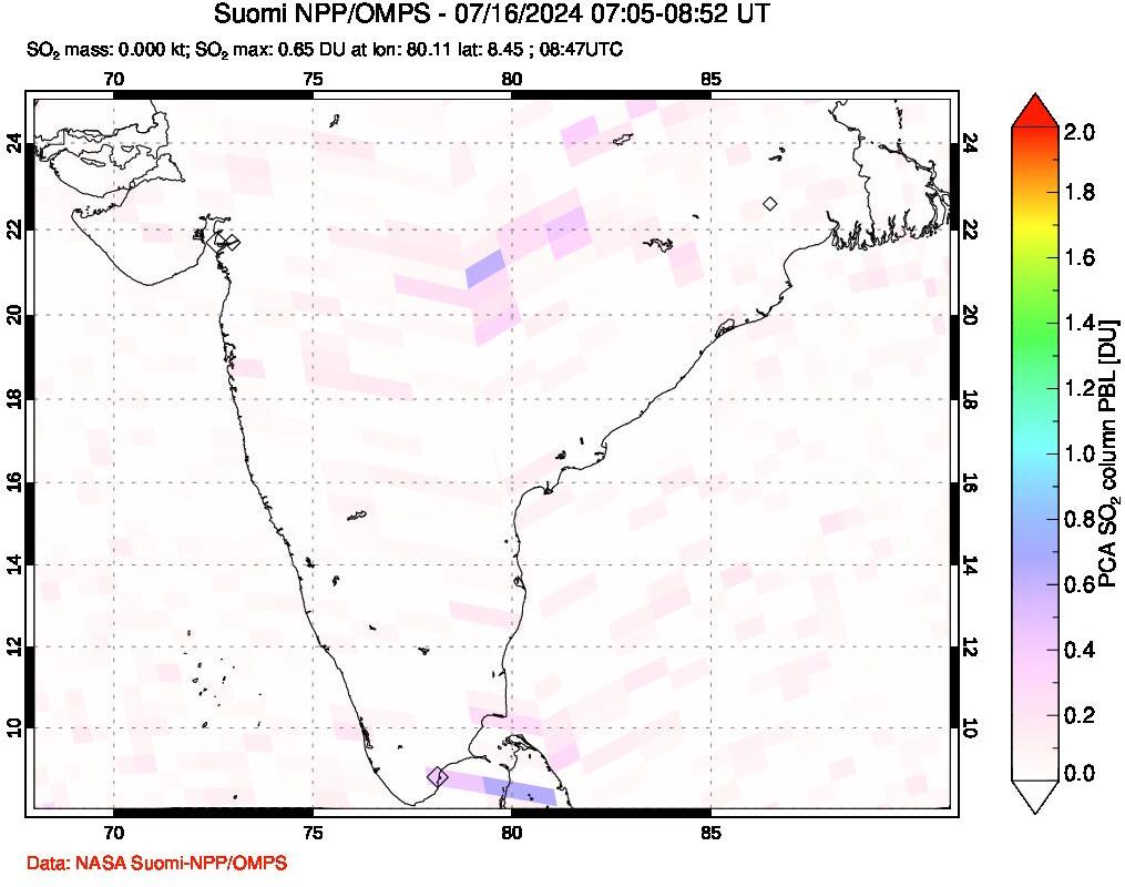 A sulfur dioxide image over India on Jul 16, 2024.