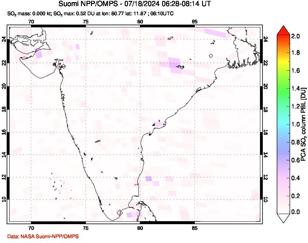 A sulfur dioxide image over India on Jul 18, 2024.