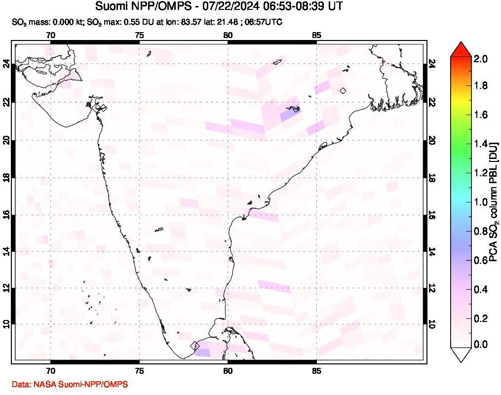 A sulfur dioxide image over India on Jul 22, 2024.