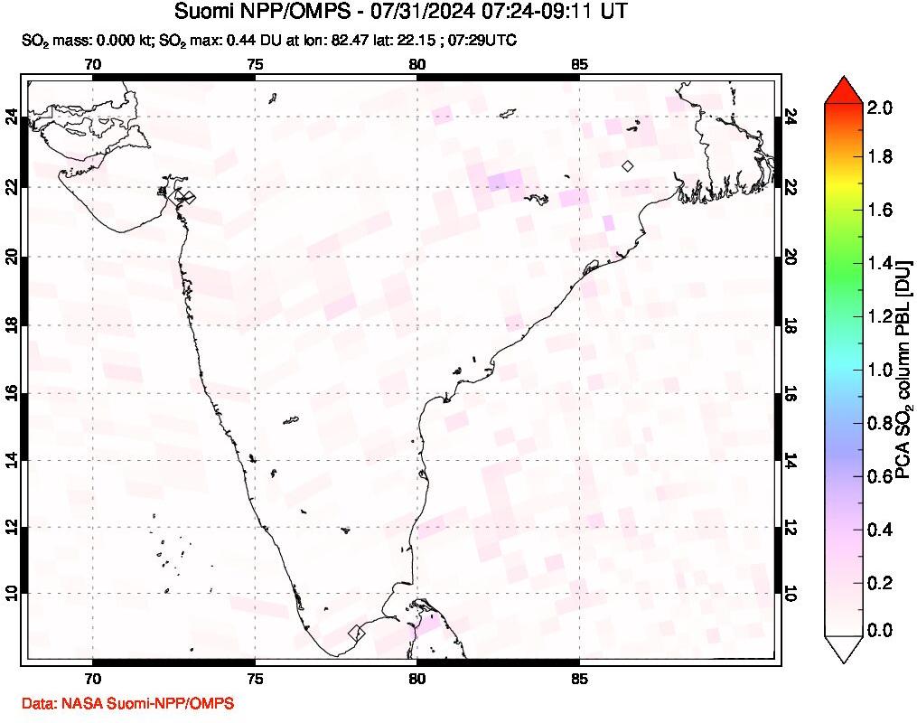 A sulfur dioxide image over India on Jul 31, 2024.