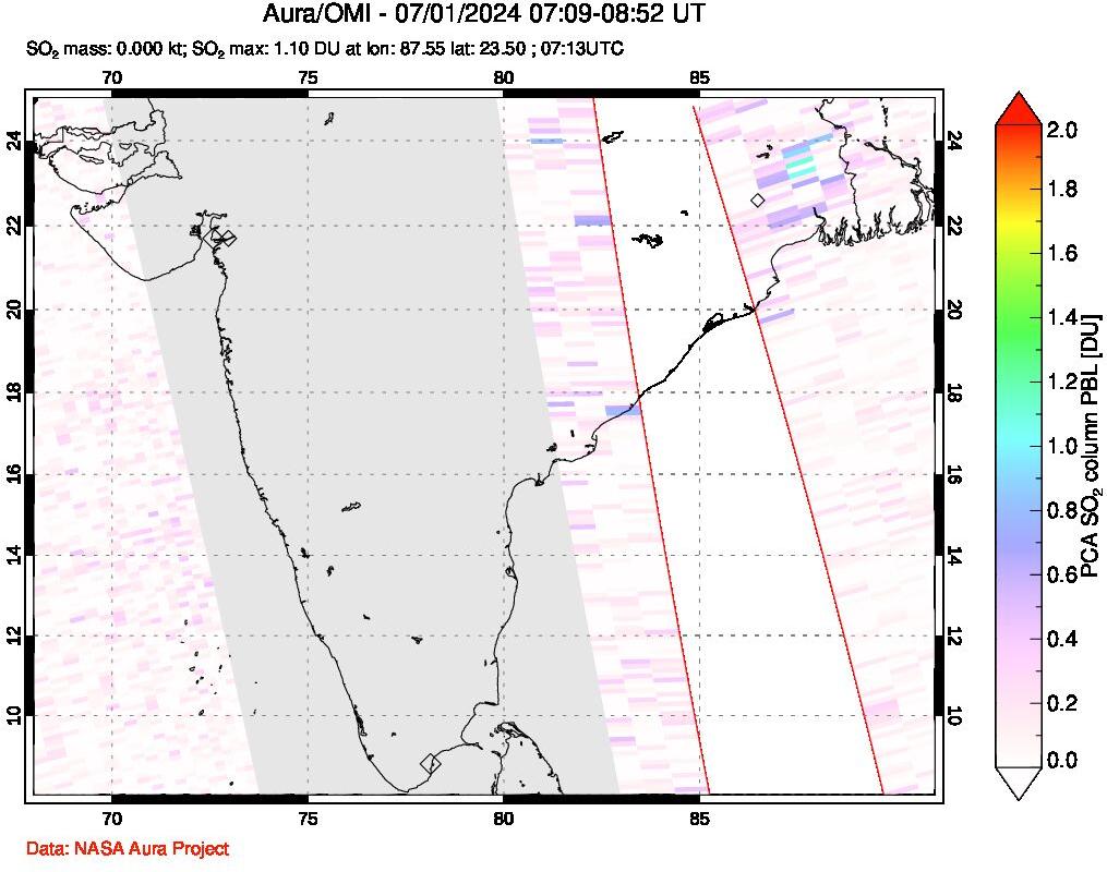 A sulfur dioxide image over India on Jul 01, 2024.