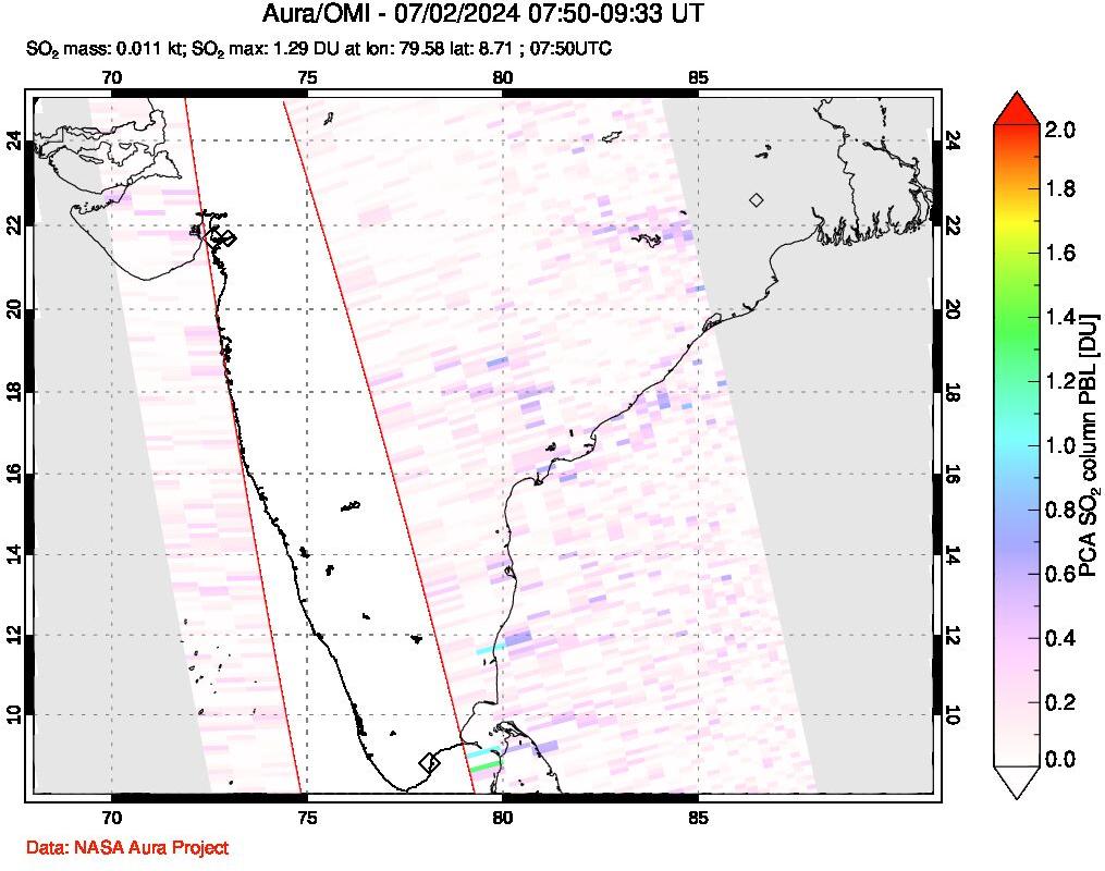 A sulfur dioxide image over India on Jul 02, 2024.