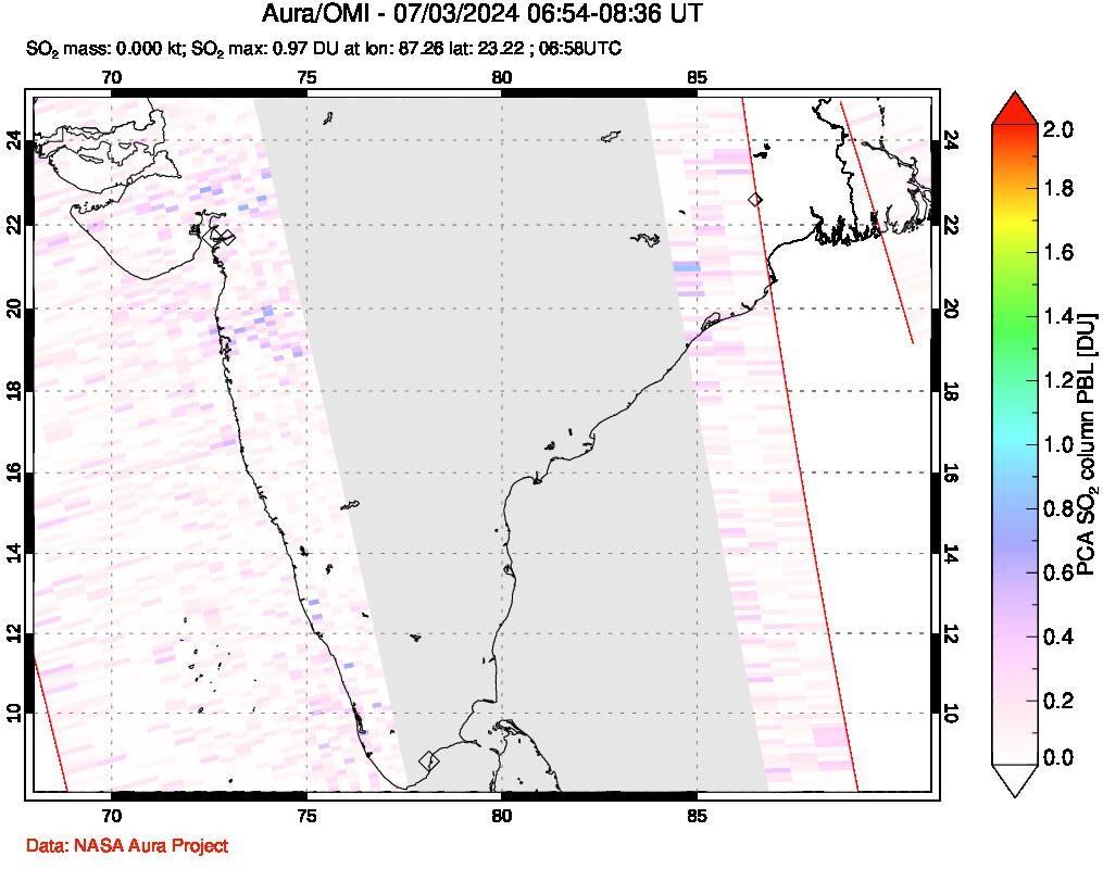 A sulfur dioxide image over India on Jul 03, 2024.