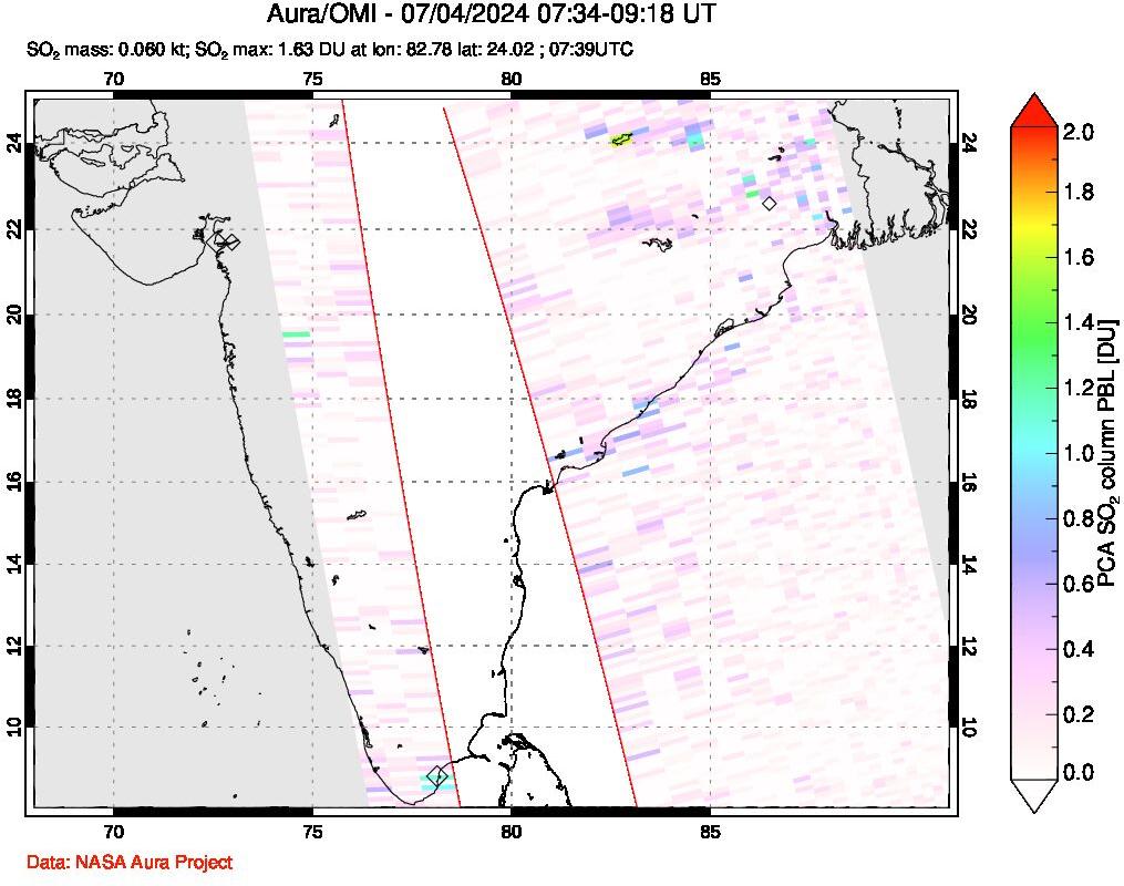 A sulfur dioxide image over India on Jul 04, 2024.