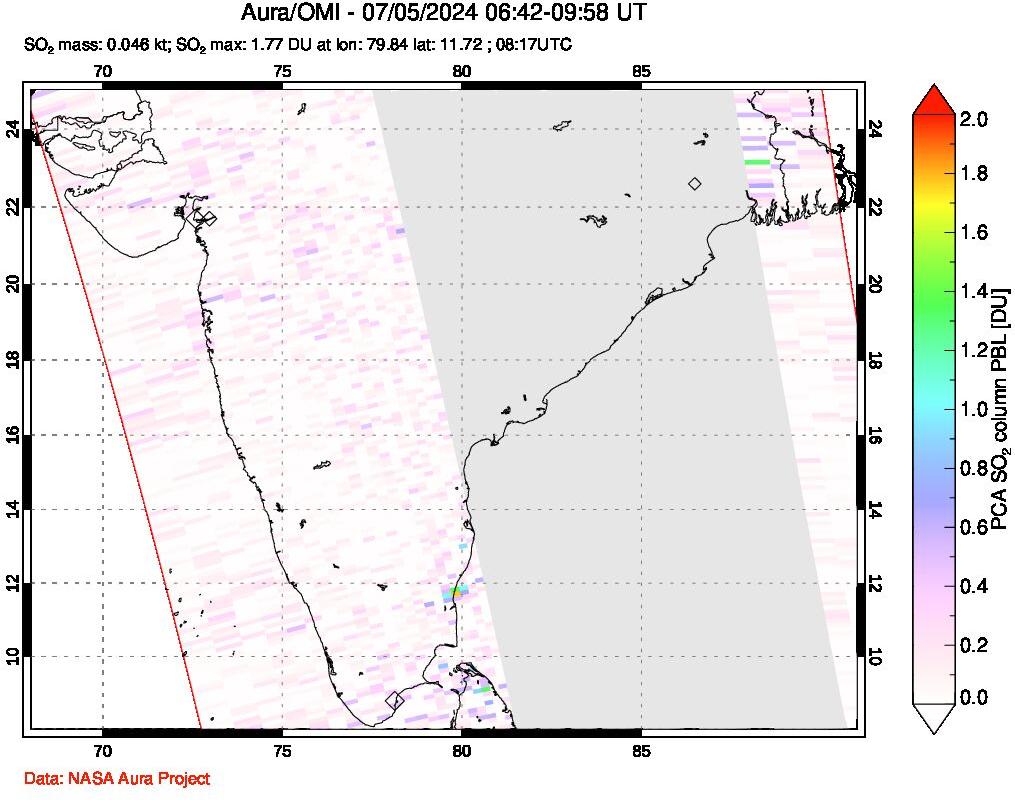 A sulfur dioxide image over India on Jul 05, 2024.