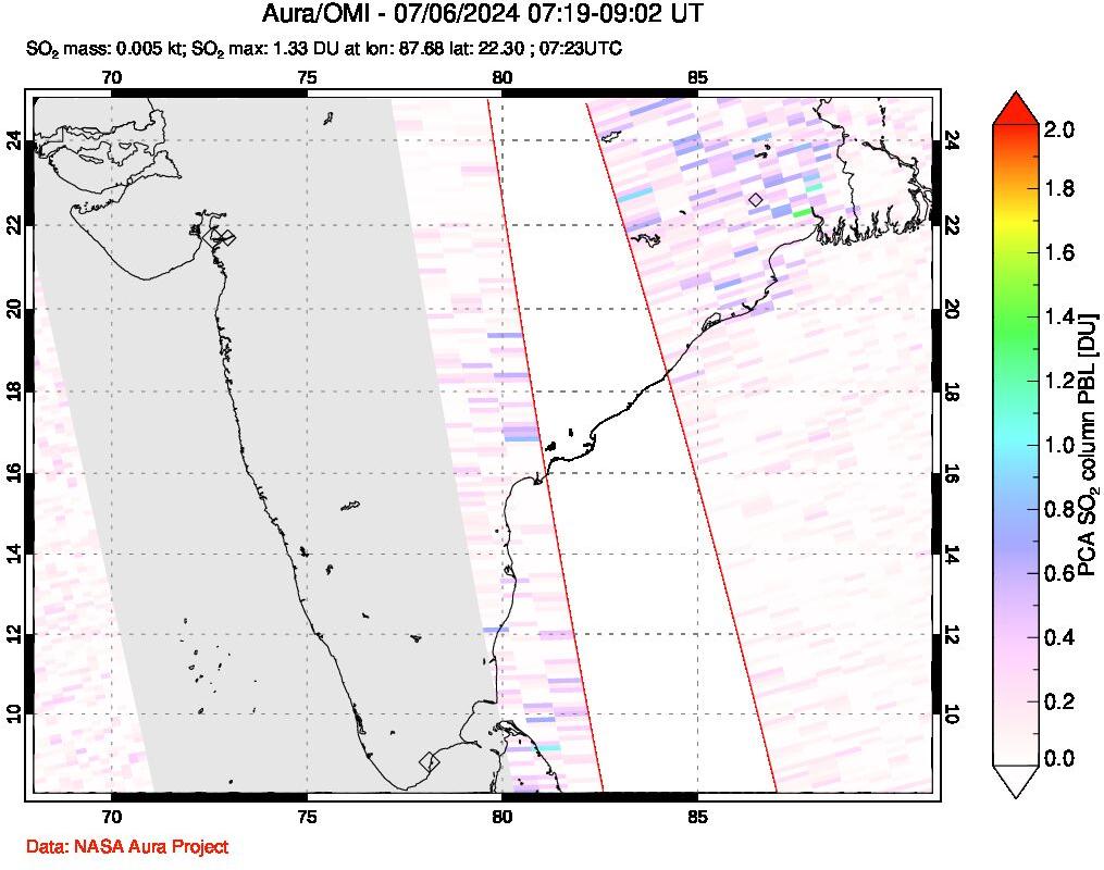 A sulfur dioxide image over India on Jul 06, 2024.