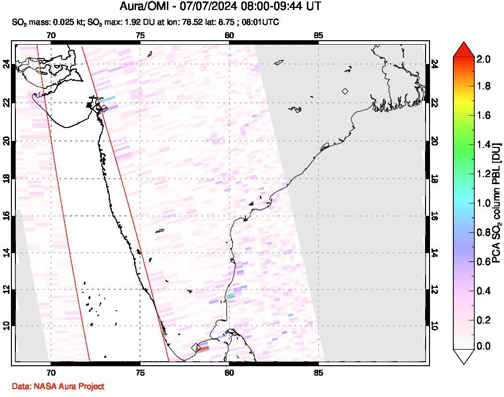 A sulfur dioxide image over India on Jul 07, 2024.