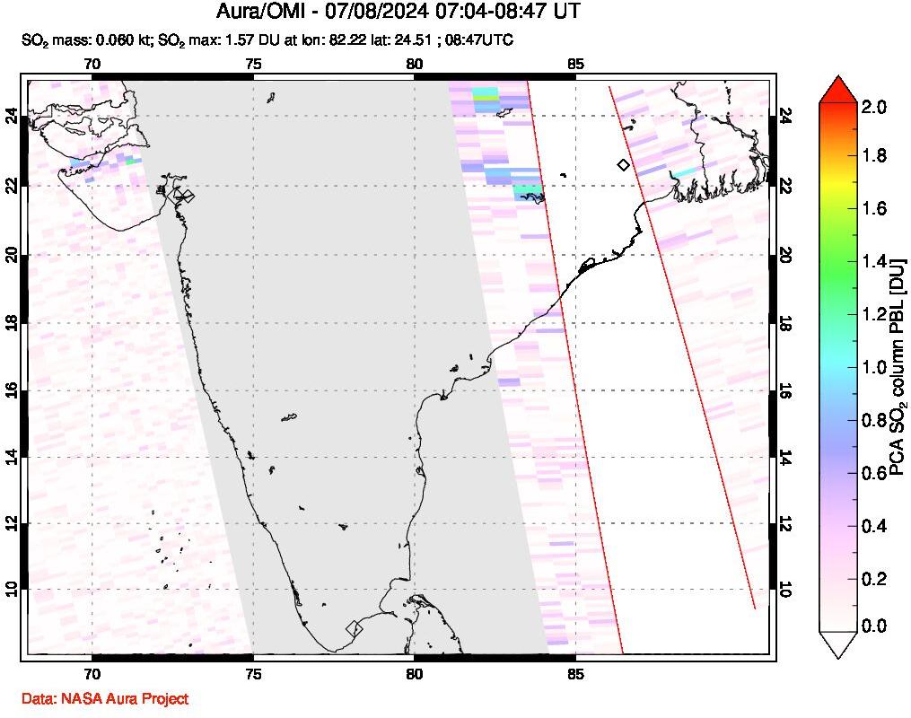 A sulfur dioxide image over India on Jul 08, 2024.