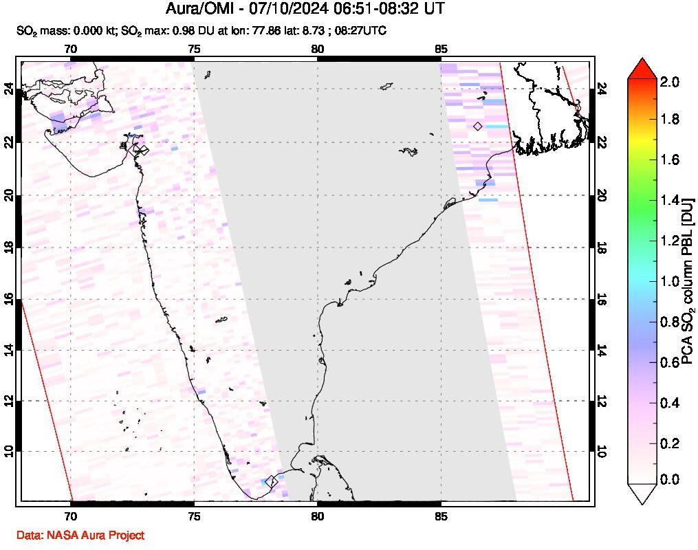 A sulfur dioxide image over India on Jul 10, 2024.