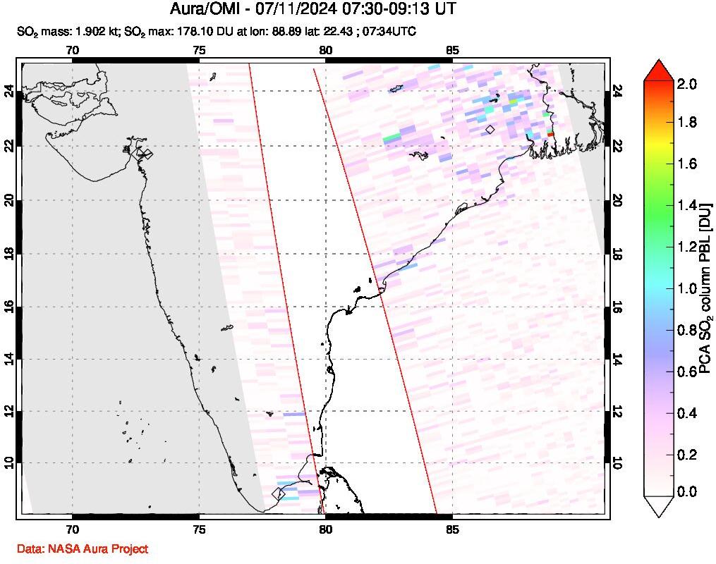 A sulfur dioxide image over India on Jul 11, 2024.